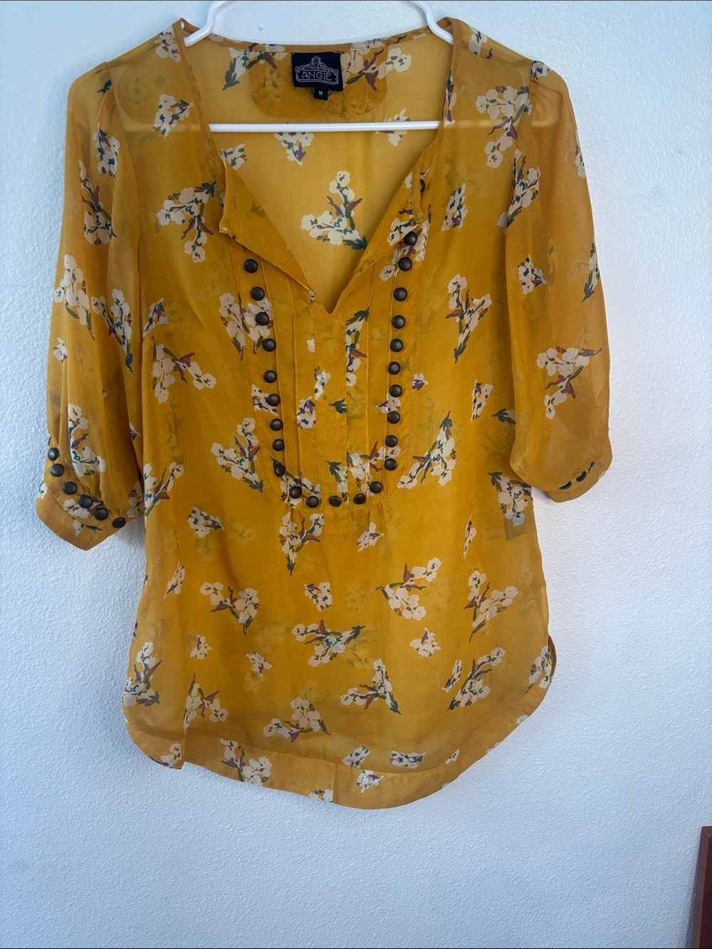 Angie Mustard Floral Pleat Blouse with Decorative Buttons -591sku